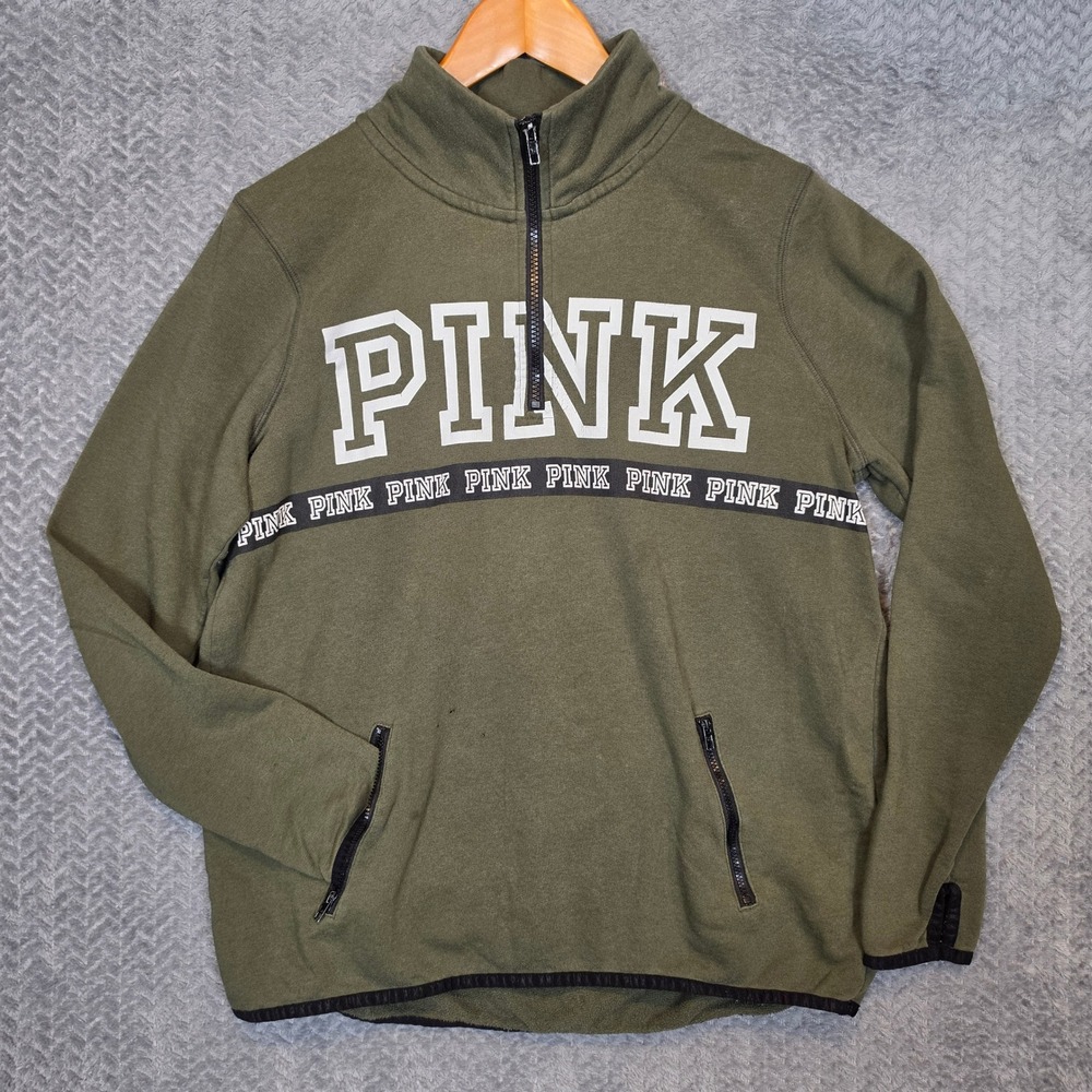 PINK Victoria's Secret Quarter Zip Pullover Olive Green Logo Sweatshirt Medium